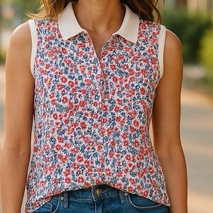 TOMMY HILFIGER NWT Sz M Sleeveless w/collar Red White Blue Floral Women’s Top
